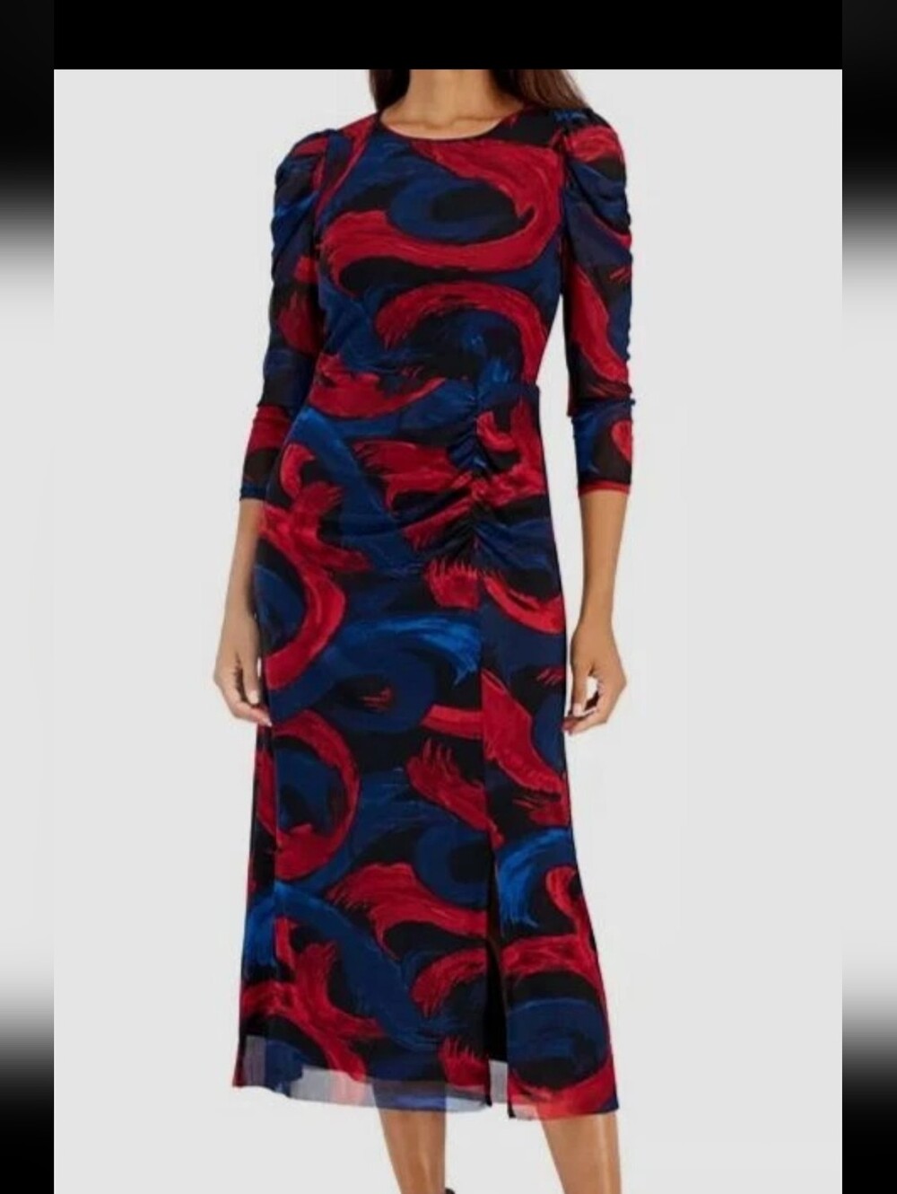 Anne Klein  1X Long Sleeve Abstract Brushstroke Maxi Dress Belted Plus Size $149